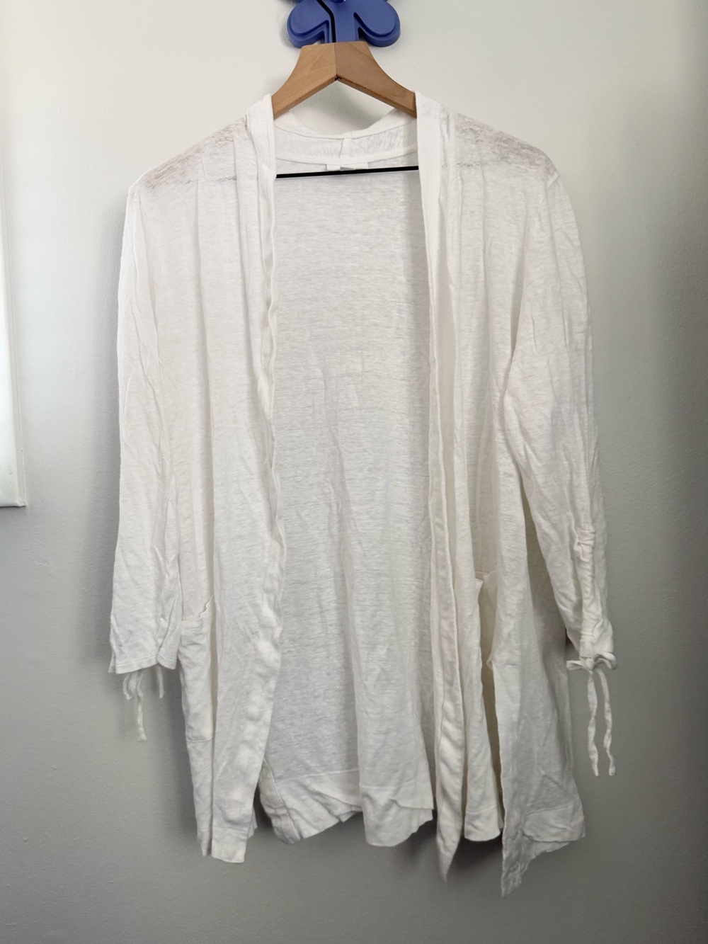 J.Jill Large Linen Tie Long Sleeve Open Cardigan Coastal Resort White Relaxed